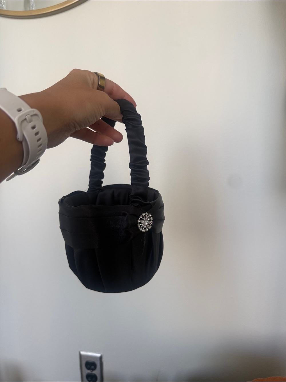 Elegant Black Satin Flower Girl Basket with Crystal Accent